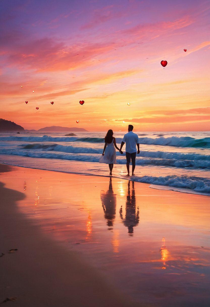 A dreamy sunset over a serene beach, where a couple walks hand in hand along the shoreline, surrounded by glowing lanterns and soft waves. The atmosphere radiates warmth and love, with fluttering hearts subtly integrated into the background. The soft colors of the sunset blend harmoniously in the sky. romantic, soft focus, vibrant colors, super-realistic.