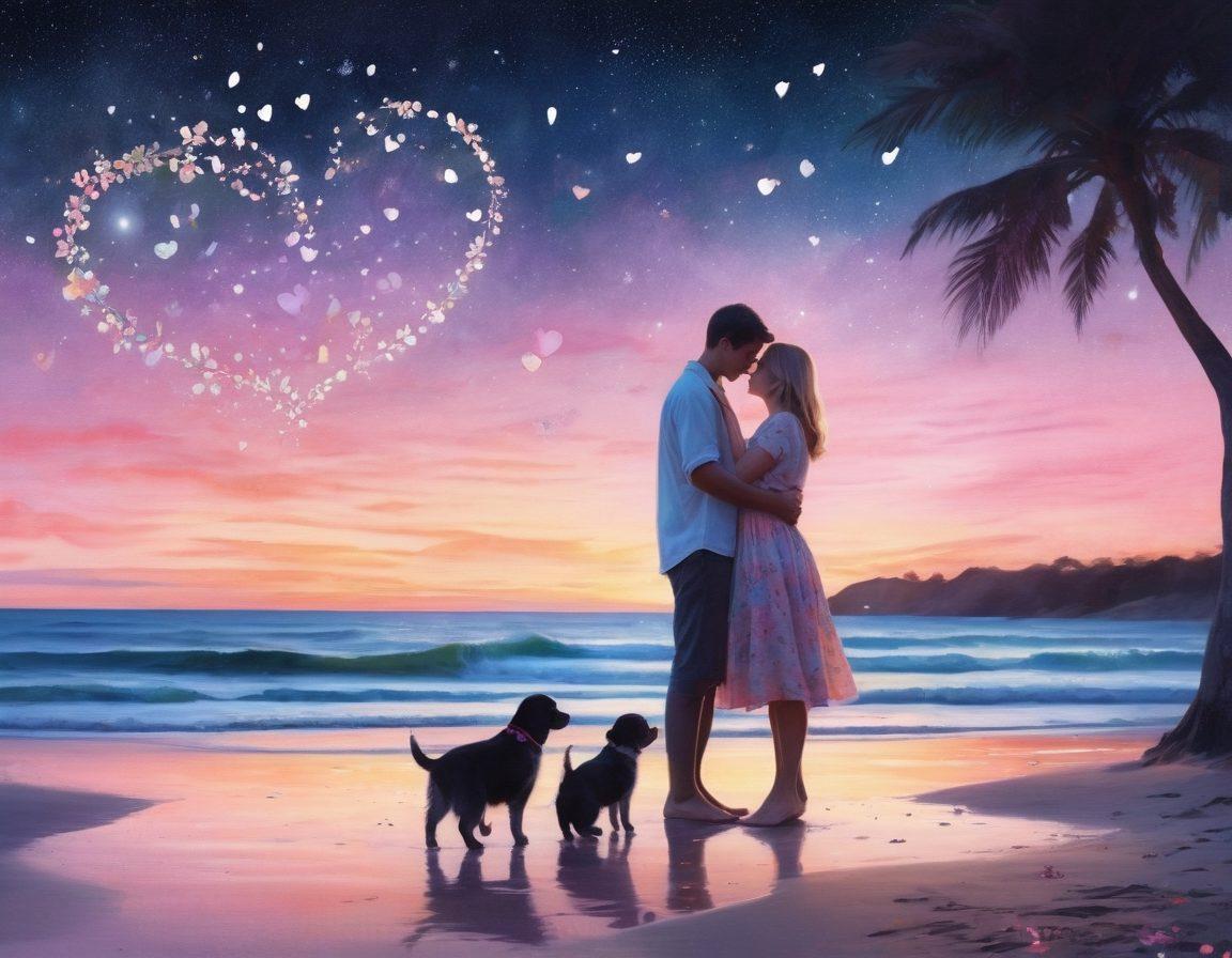 A whimsical collage depicting various forms of love: a couple on a moonlit beach, a child hugging a puppy, and an elderly couple holding hands in a park. Dreamy pastel colors with swirling hearts and soft fairy lights illuminating the scene. Surrounding the images, delicate floral patterns intertwine to symbolize affection. The overall mood is enchanting and romantic. vibrant colors. soft focus. watercolor style.